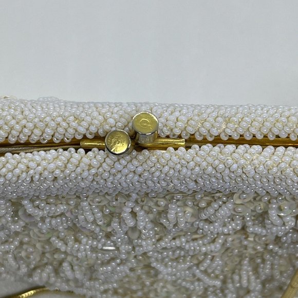 Vintage Beaded Purse Kiss Lock Bags by Debbie Cream White Shimmer Gold 9.5x5.5” - Picture 7 of 16